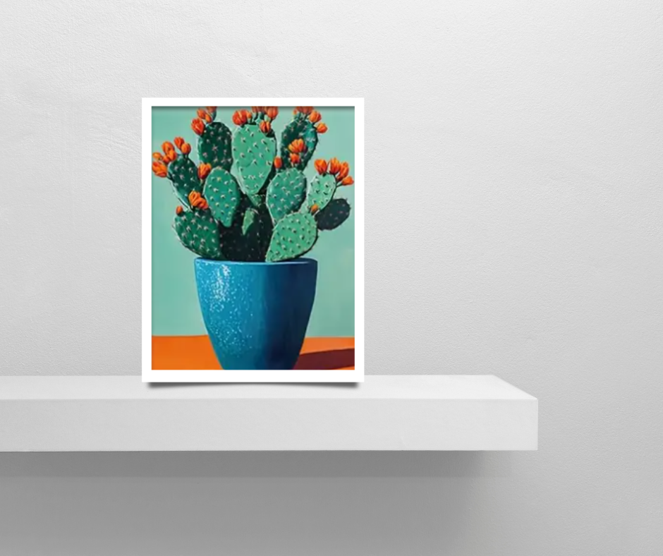 Still life cactus |  High quality UV protected framed canvas print | Orange, blue, green | 30 cm x 40 cm