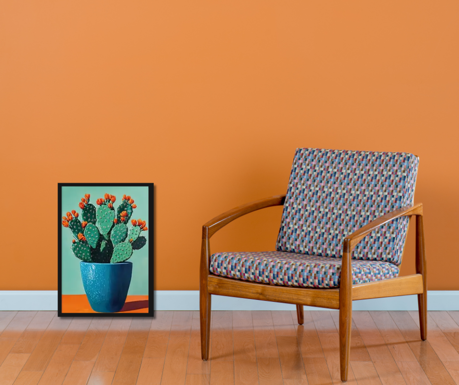 Still life cactus |  High quality UV protected framed canvas print | Orange, blue, green | 30 cm x 40 cm