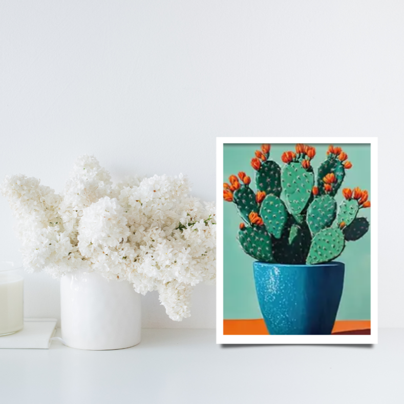 Still life cactus |  High quality UV protected framed canvas print | Orange, blue, green | 30 cm x 40 cm