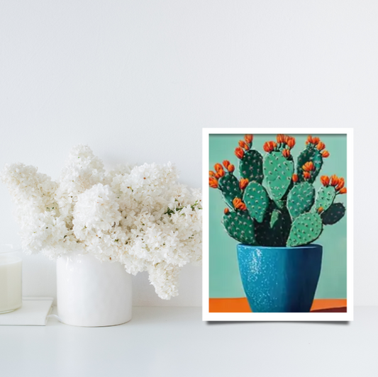 Still life cactus |  High quality UV protected framed canvas print | Orange, blue, green | 30 cm x 40 cm