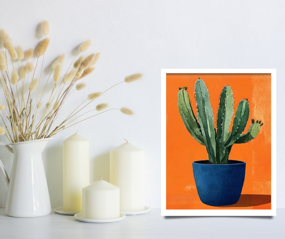 Vibrant still life cactus high quality framed canvas print | Blue, orange | 30 cm x 40 cm