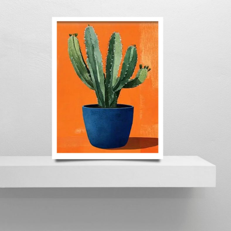 Vibrant still life cactus high quality framed canvas print | Blue, orange | 30 cm x 40 cm