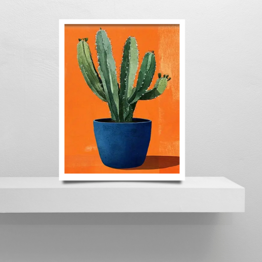 Vibrant still life cactus high quality framed canvas print | Blue, orange | 30 cm x 40 cm