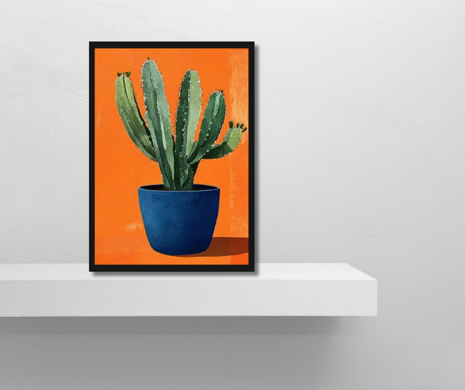 Vibrant still life cactus high quality framed canvas print | Blue, orange | 30 cm x 40 cm