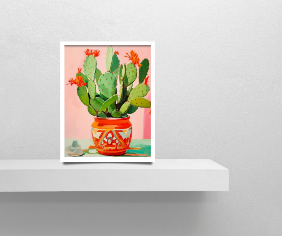 Cactus still life in pot |  High quality UV protected framed canvas print | Red, green, pink | 30 cm x 40 cm