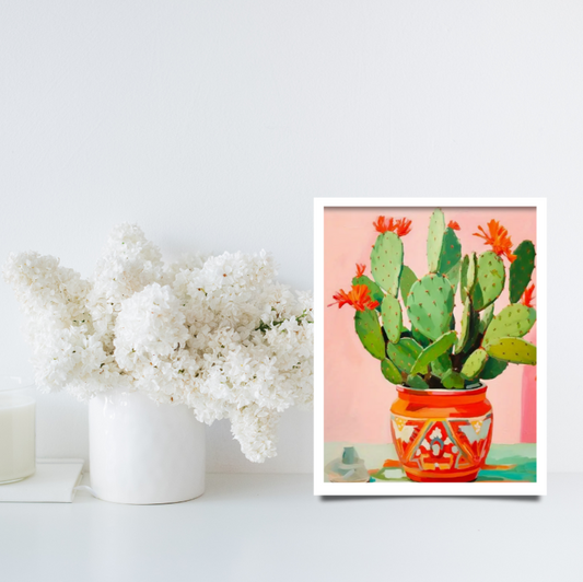 Cactus still life in pot |  High quality UV protected framed canvas print | Red, green, pink | 30 cm x 40 cm