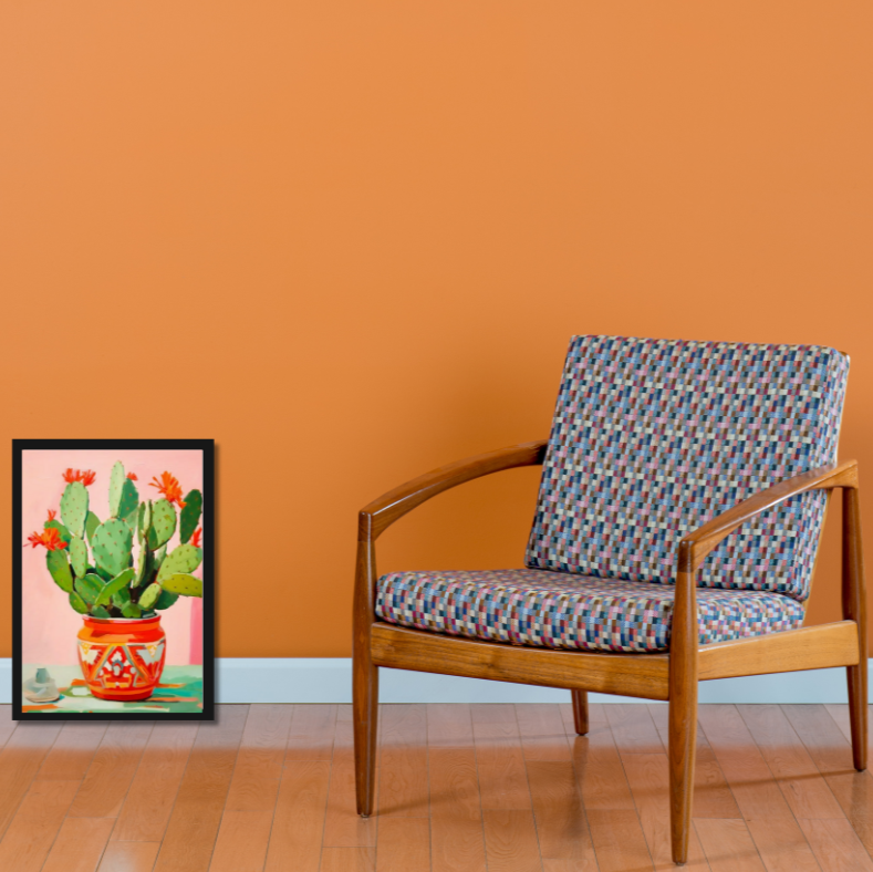 Cactus still life in pot |  High quality UV protected framed canvas print | Red, green, pink | 30 cm x 40 cm