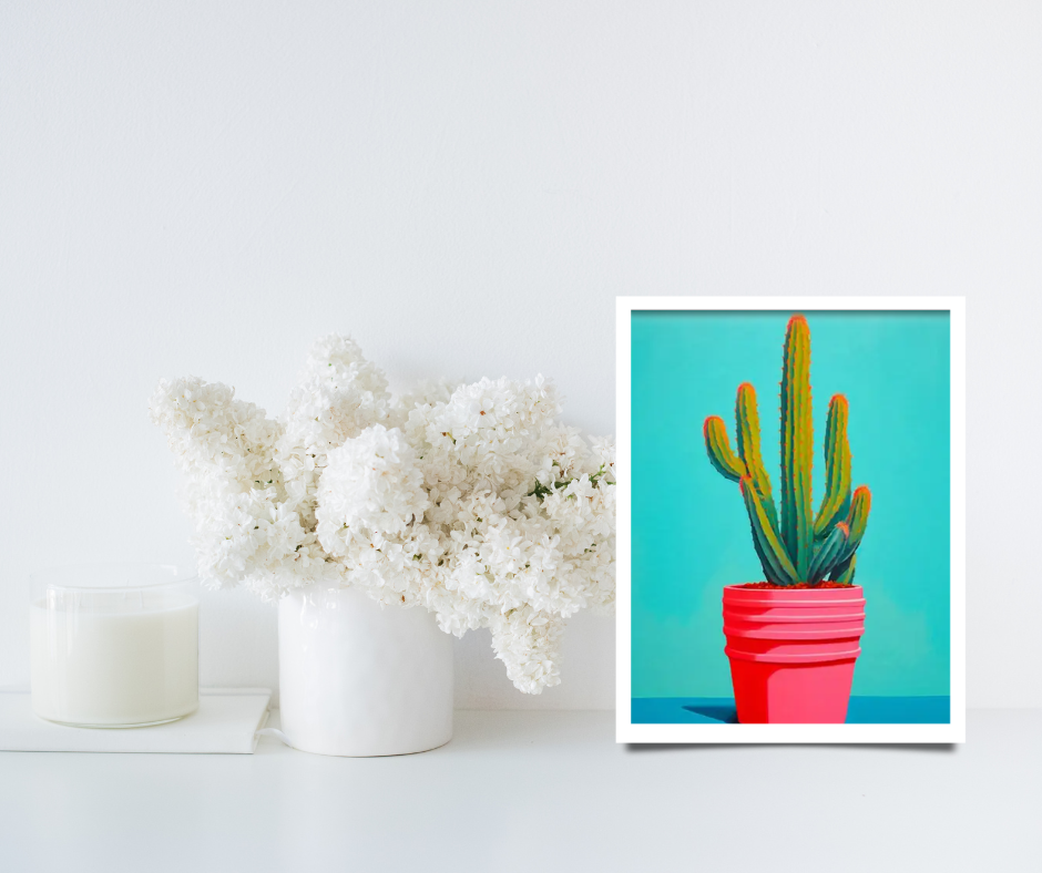 Still life cactus |  High quality UV protected framed canvas print | Aqua, green and orange | Set of 3 | 30 cm x 40 cm