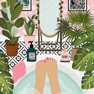 Art deco tropical bathroom |  High quality UV protected framed canvas print | Tub and plants | 30 cm x 40 cm