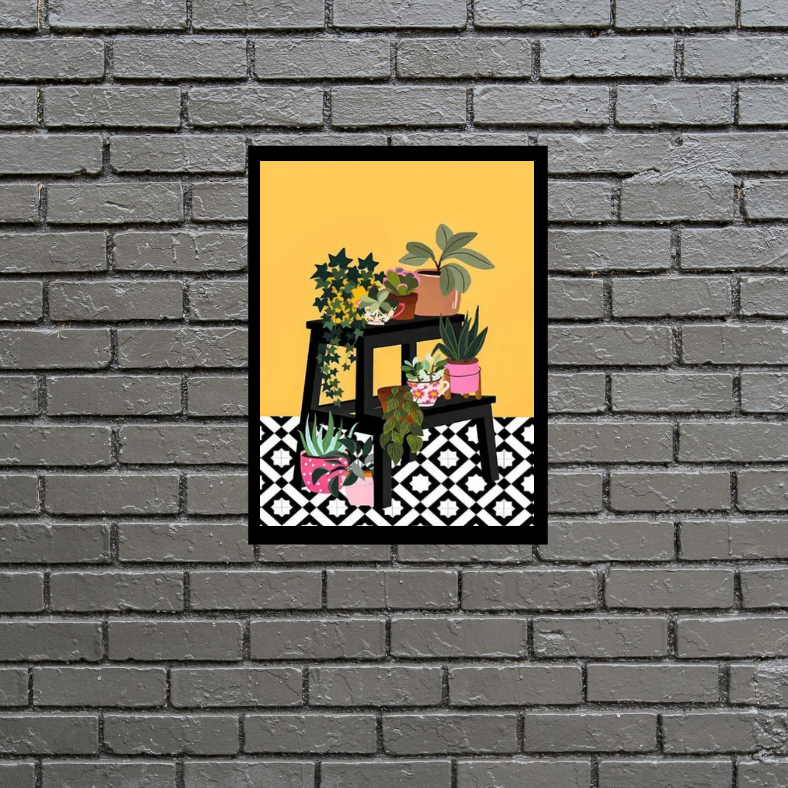 Art deco tropical plants on plant stand framed canvas print | Yellow, black, white, pink | 30 cm x 40 cm