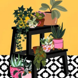 Art deco tropical plants on plant stand framed canvas print | Yellow, black, white, pink | 30 cm x 40 cm