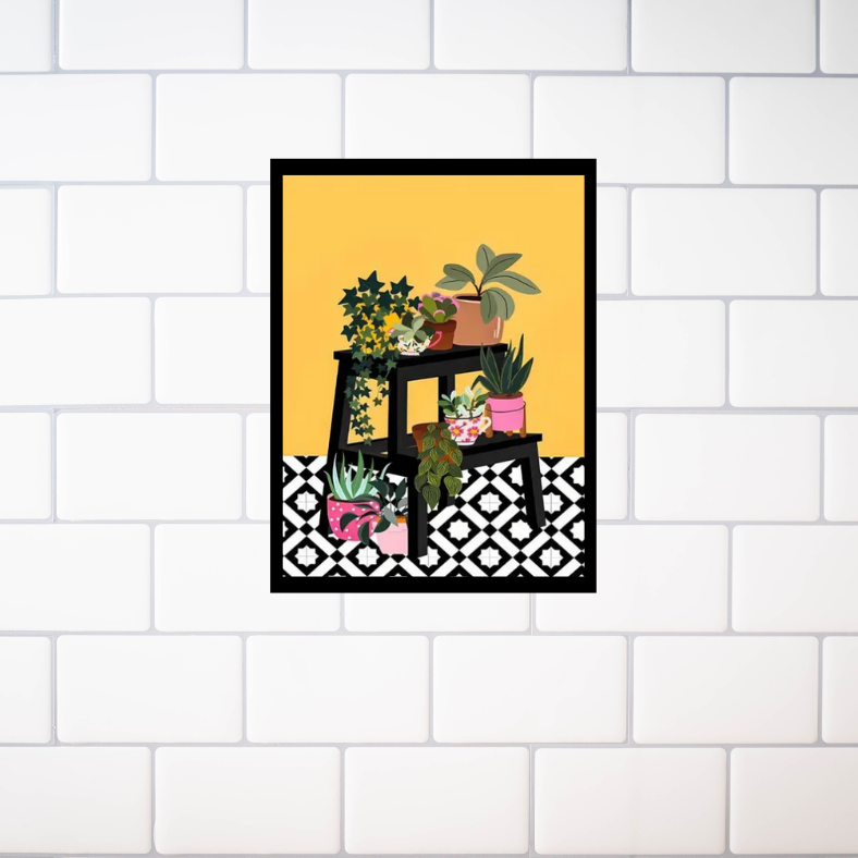 Art deco tropical plants on plant stand framed canvas print | Yellow, black, white, pink | 30 cm x 40 cm