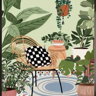 Tropical sunroom with chair |  High quality UV protected framed canvas print | Green, blue, beige | 30 cm x 40 cm