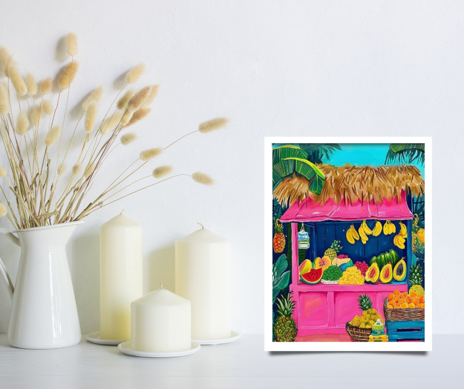 Tropical fruit holiday |  High quality UV protected framed canvas print | Pink, green, yellow | Set of 2 | 30 cm x 40 cm