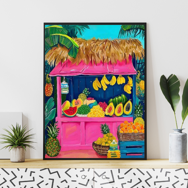 Tropical fruit holiday |  High quality UV protected framed canvas print | Pink, green, yellow | Set of 2 | 30 cm x 40 cm