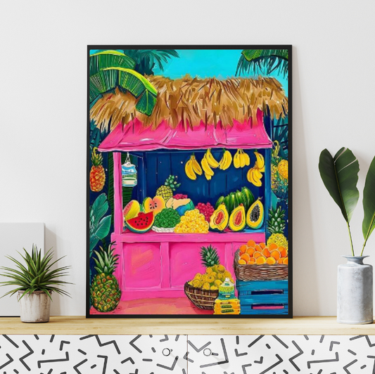 Tropical fruit holiday |  High quality UV protected framed canvas print | Pink, green, yellow | Set of 2 | 30 cm x 40 cm