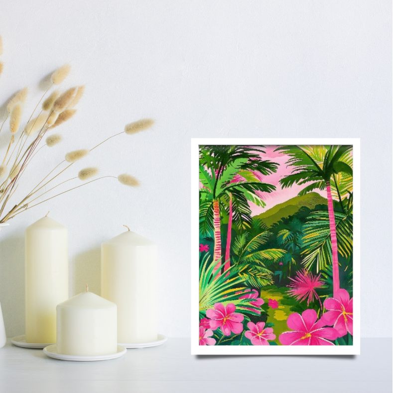 Tropical jungle pink hibiscus framed canvas print | Pink, yellow, aqua | 30 cm x 40 cm