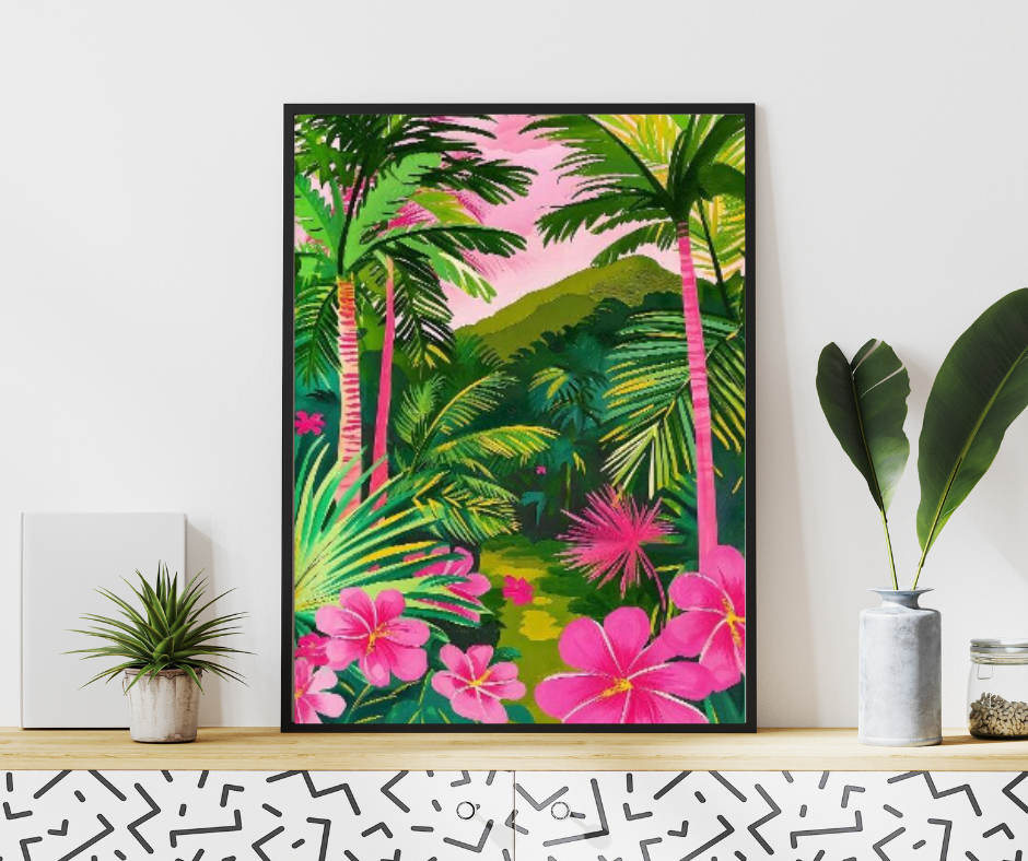 Tropical jungle pink hibiscus framed canvas print | Pink, yellow, aqua | 30 cm x 40 cm