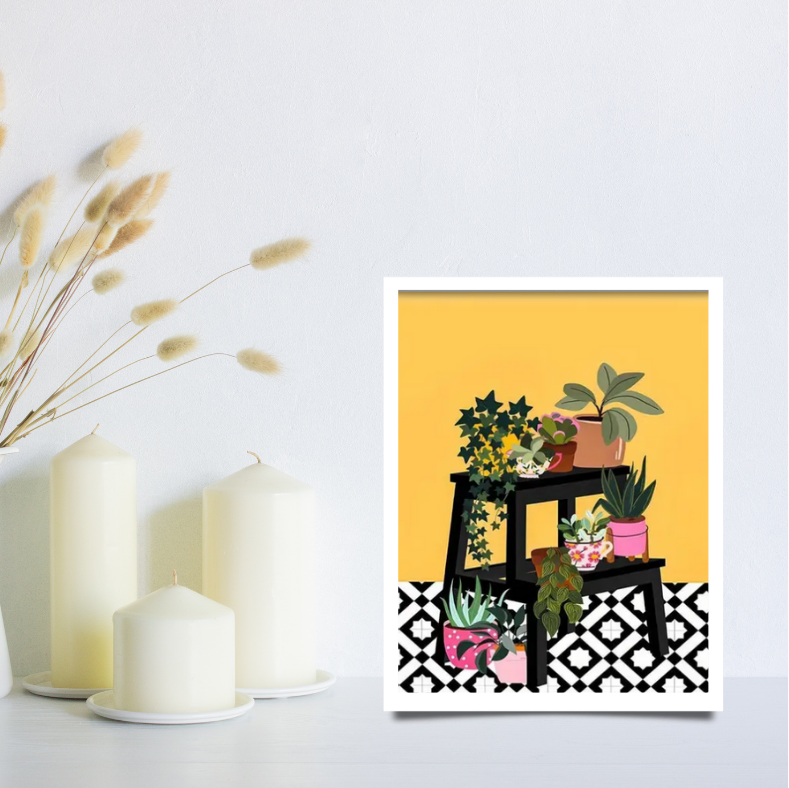 Art deco tropical plants on plant stand framed canvas print | Yellow, black, white, pink | 30 cm x 40 cm