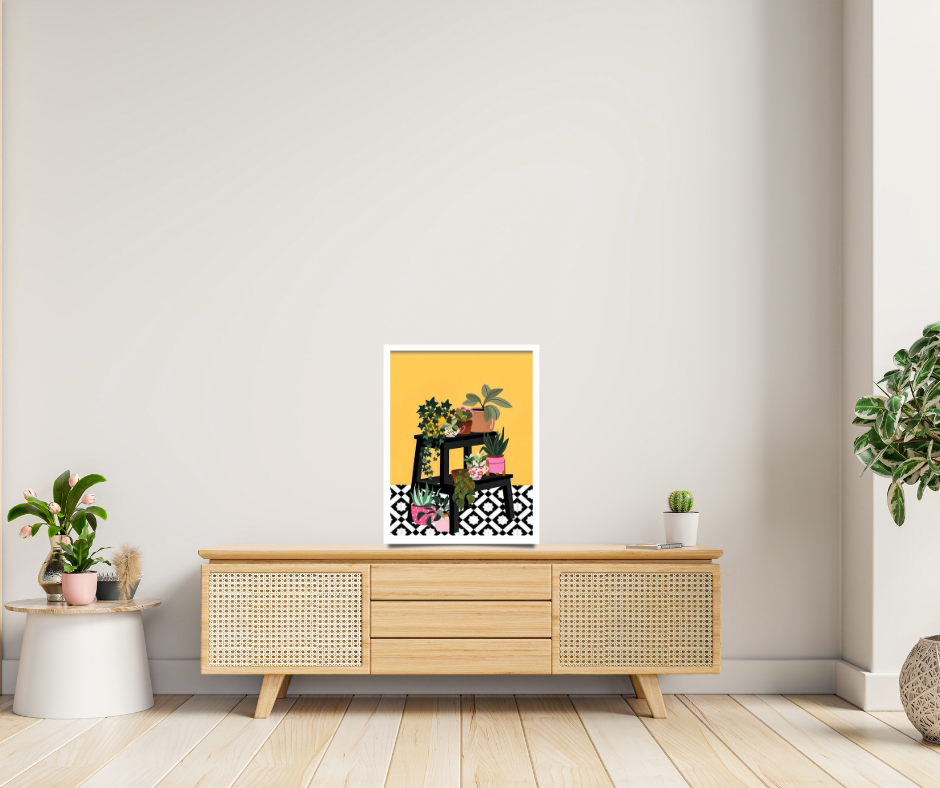Art deco tropical plants on plant stand framed canvas print | Yellow, black, white, pink | 30 cm x 40 cm