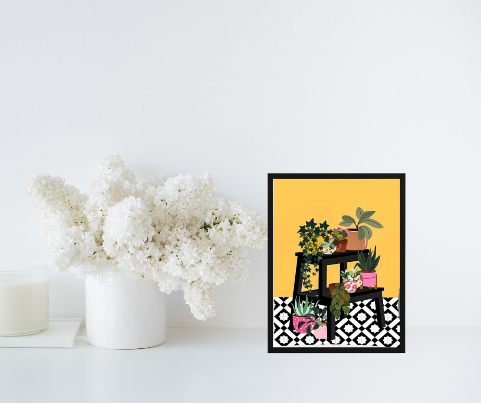 Art deco tropical plants on plant stand framed canvas print | Yellow, black, white, pink | 30 cm x 40 cm