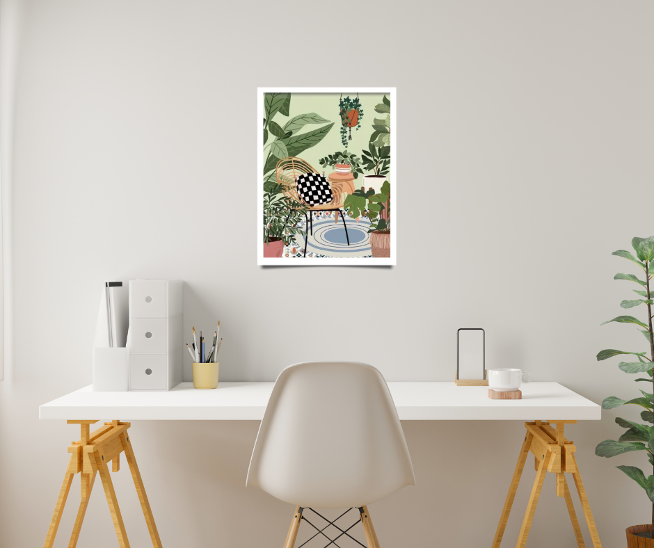 Tropical sunroom with chair |  High quality UV protected framed canvas print | Green, blue, beige | 30 cm x 40 cm