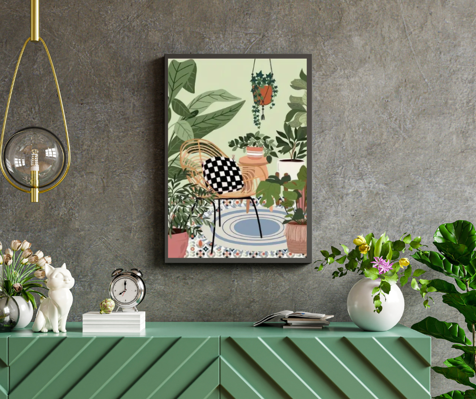 Tropical sunroom with chair |  High quality UV protected framed canvas print | Green, blue, beige | 30 cm x 40 cm