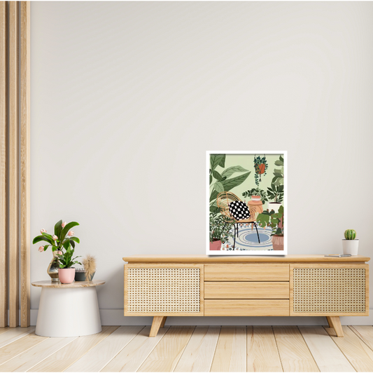 Tropical sunroom with chair |  High quality UV protected framed canvas print | Green, blue, beige | 30 cm x 40 cm
