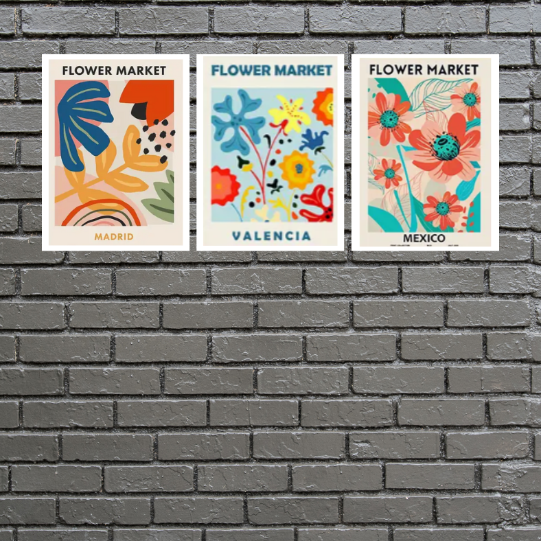 Vibrant 'Flower Market' Madrid, Valencia, Mexico | High quality UV protected framed canvas prints | Navy, teal, peach, pink | Set of 3 | 30 cm x 40 cm