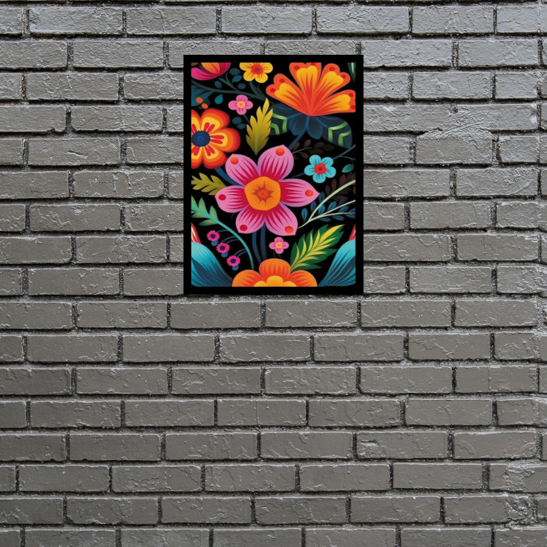 Vibrant abstract mex-style floral framed canvas print | Black, green, red, orange, green | 30 cm x 40 cm