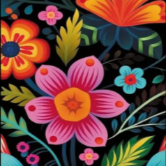 Vibrant abstract mex-style floral framed canvas print | Black, green, red, orange, green | 30 cm x 40 cm