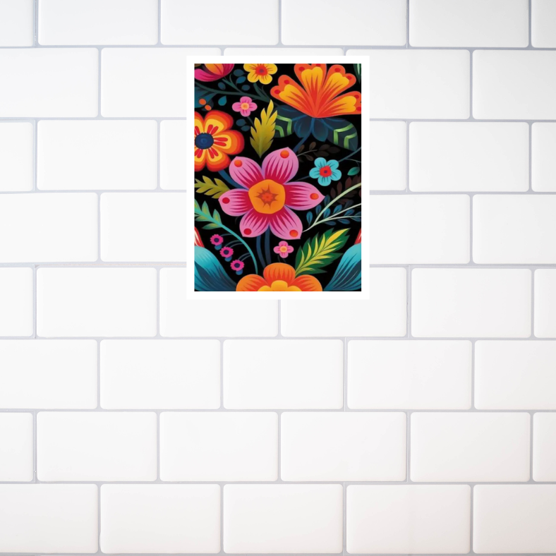 Vibrant abstract mex-style floral framed canvas print | Black, green, red, orange, green | 30 cm x 40 cm