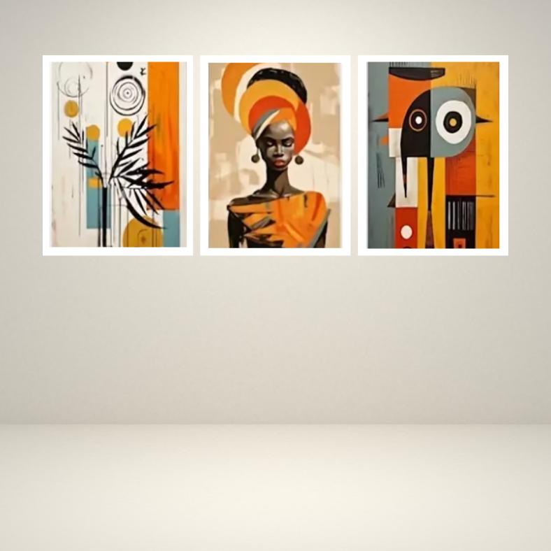 Vibrant abstract African queen | High quality UV protected framed canvas print | Orange, black, brown | Set of 3 | 30 cm x 40 cm