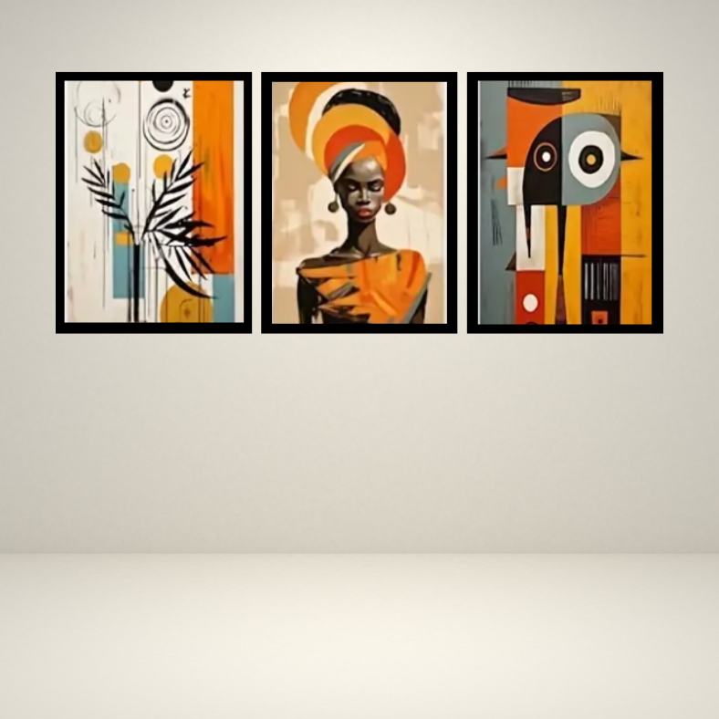 Vibrant abstract African queen | High quality UV protected framed canvas print | Orange, black, brown | Set of 3 | 30 cm x 40 cm