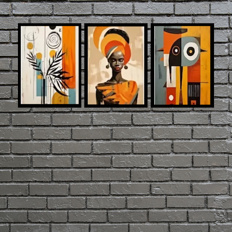 Vibrant abstract African queen | High quality UV protected framed canvas print | Orange, black, brown | Set of 3 | 30 cm x 40 cm