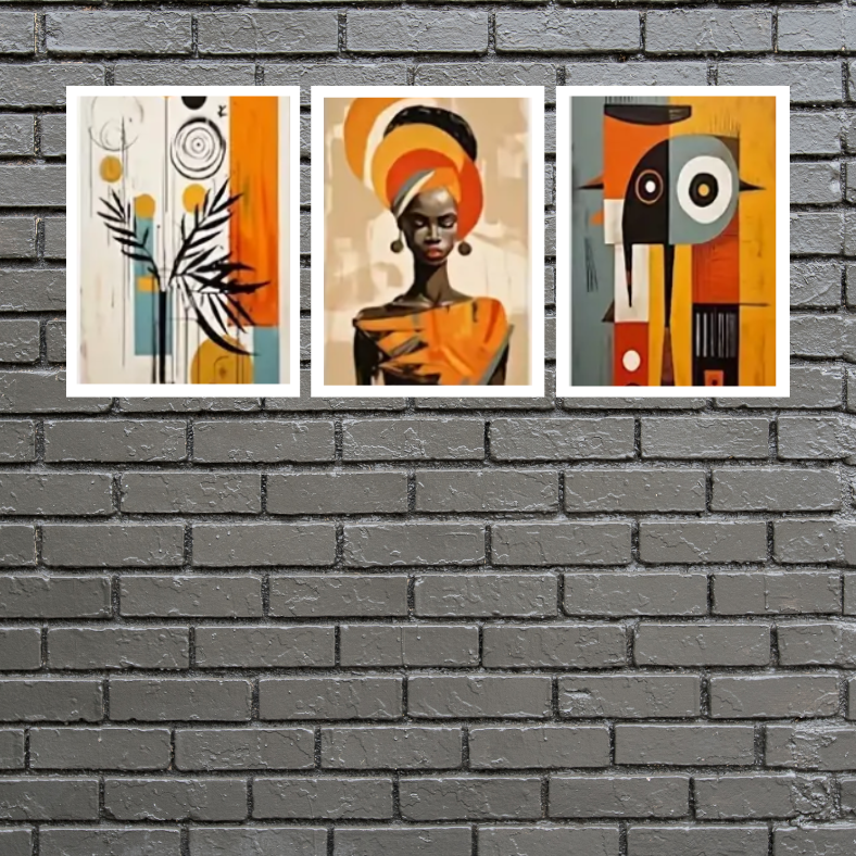 Vibrant abstract African queen | High quality UV protected framed canvas print | Orange, black, brown | Set of 3 | 30 cm x 40 cm