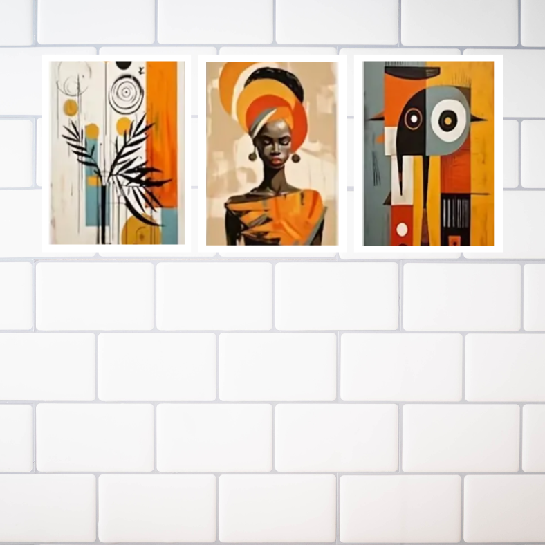 Vibrant abstract African queen | High quality UV protected framed canvas print | Orange, black, brown | Set of 3 | 30 cm x 40 cm