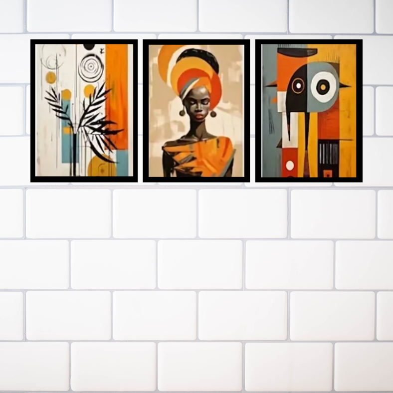 Vibrant abstract African queen | High quality UV protected framed canvas print | Orange, black, brown | Set of 3 | 30 cm x 40 cm