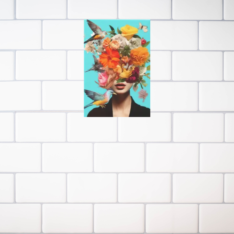 Vibrant lady with birds and flowers stretched canvas print | Aqua, black, orange | 30 cm x 40 cm