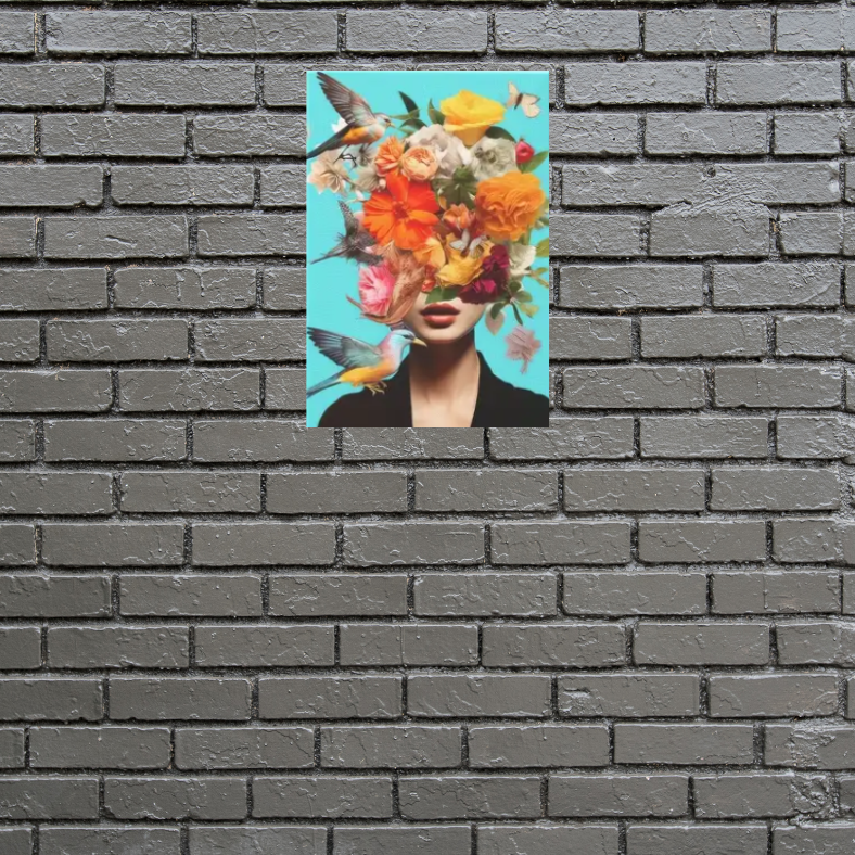 Vibrant lady with birds and flowers stretched canvas print | Aqua, black, orange | 30 cm x 40 cm