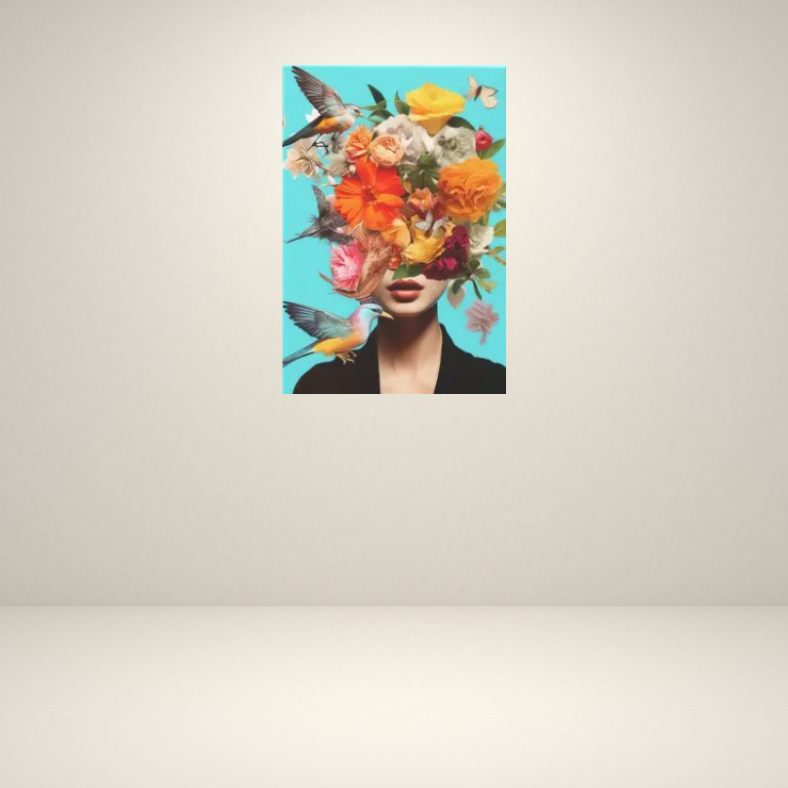 Vibrant lady with birds and flowers stretched canvas print | Aqua, black, orange | 30 cm x 40 cm