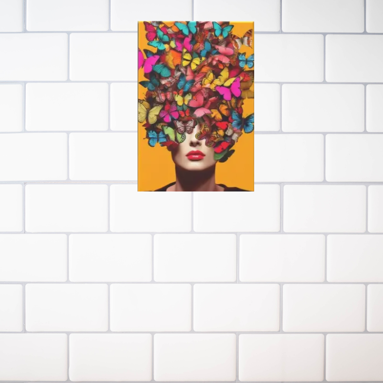 Vibrant lady with butterflies stretched canvas print | Yellow, pink, blue | 30 cm x 40 cm