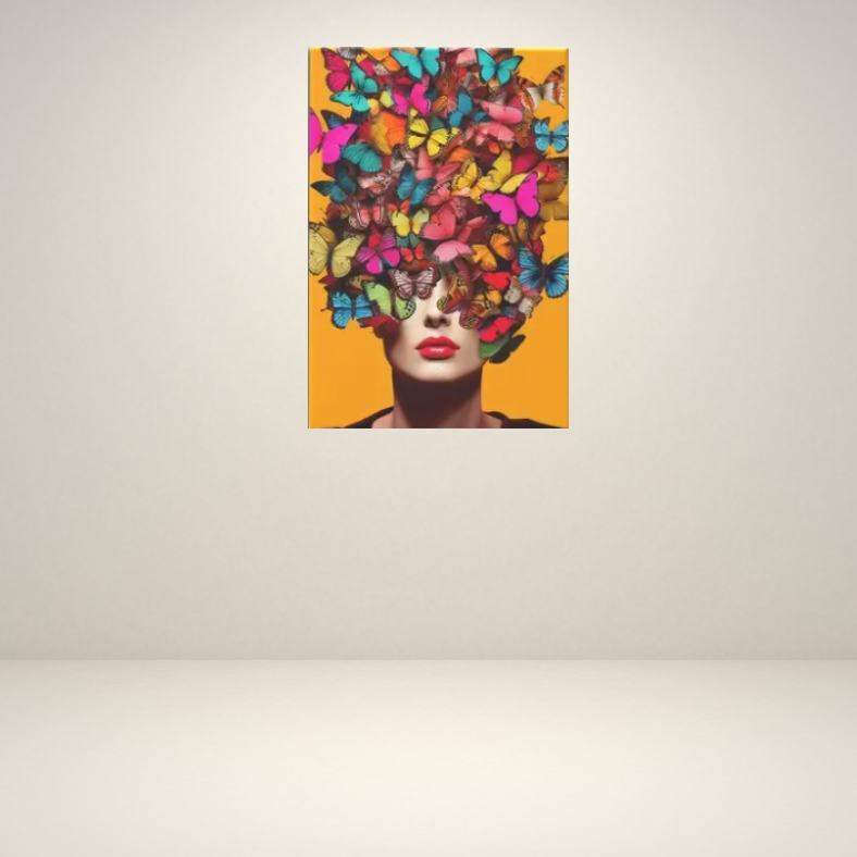 Vibrant lady with butterflies stretched canvas print | Yellow, pink, blue | 30 cm x 40 cm