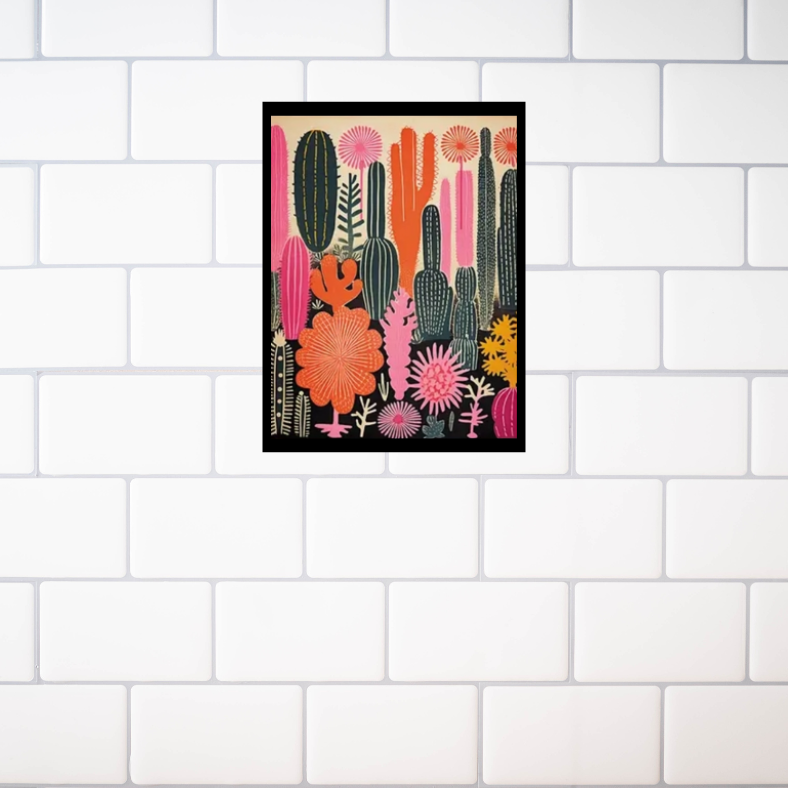 Vibrant cactus desert scene high quality UV protected framed canvas print | Black, red, pink | 30 cm x 40 cm