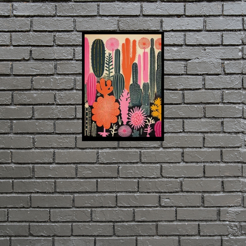 Vibrant cactus desert scene high quality UV protected framed canvas print | Black, red, pink | 30 cm x 40 cm