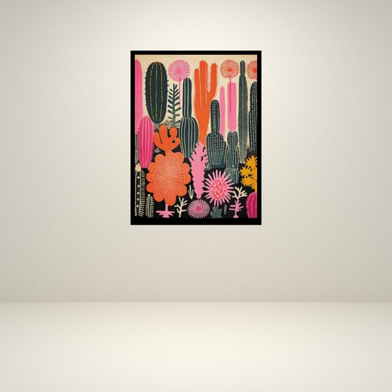 Vibrant cactus desert scene high quality UV protected framed canvas print | Black, red, pink | 30 cm x 40 cm