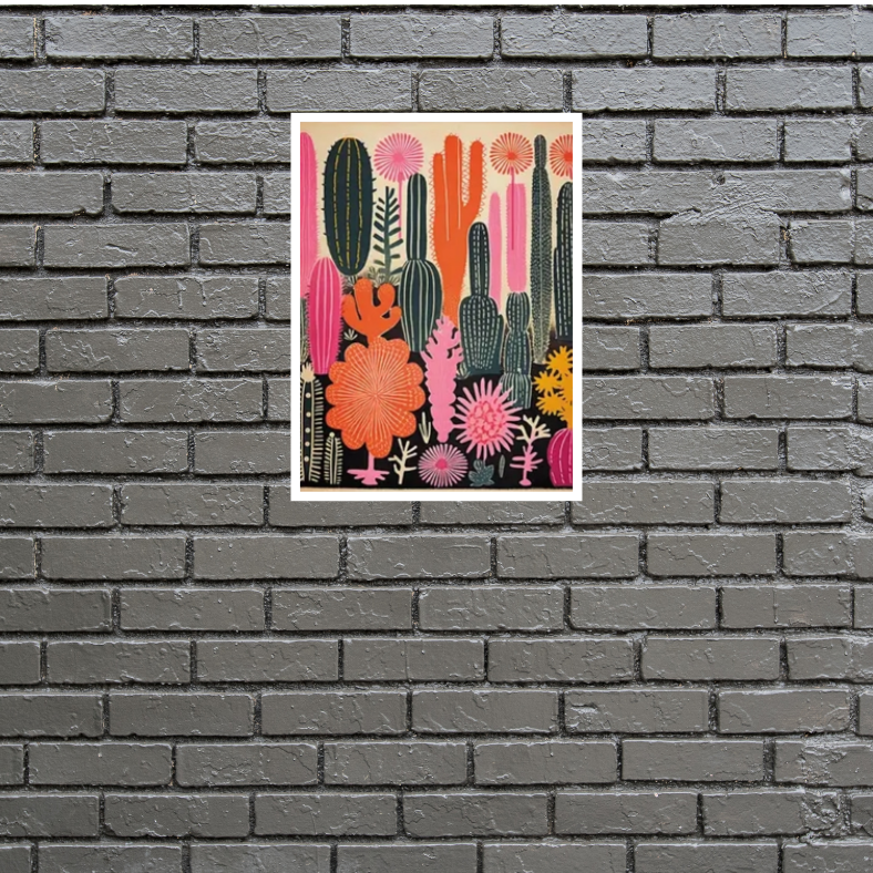 Vibrant cactus desert scene high quality UV protected framed canvas print | Black, red, pink | 30 cm x 40 cm
