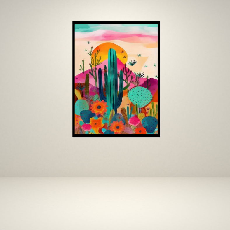 Vibrant cactus desert scene high quality UV protected framed canvas print | Pink, aqua, orange | 50 cm x 70 cm LGE