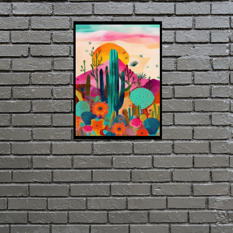 Vibrant cactus desert scene high quality UV protected framed canvas print | Pink, aqua, orange | 50 cm x 70 cm LGE
