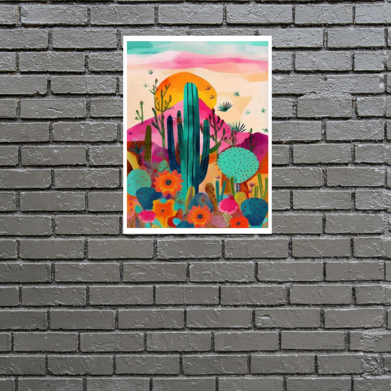 Vibrant cactus desert scene high quality UV protected framed canvas print | Pink, aqua, orange | 50 cm x 70 cm LGE